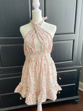 aerie White Floral Halter Mini Dress